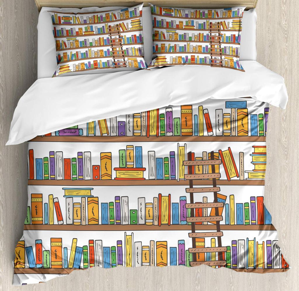 Books Lovers Gift Duvet Cover Set Full Size,Readers And Literary Lover Bedding Sets,Vintage Librarians Bookshelf Comforter Cover