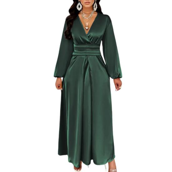 Women Summer Satin V-Neck Dress Elegant Long Gown with Puff Sleeves & Cinched Waist