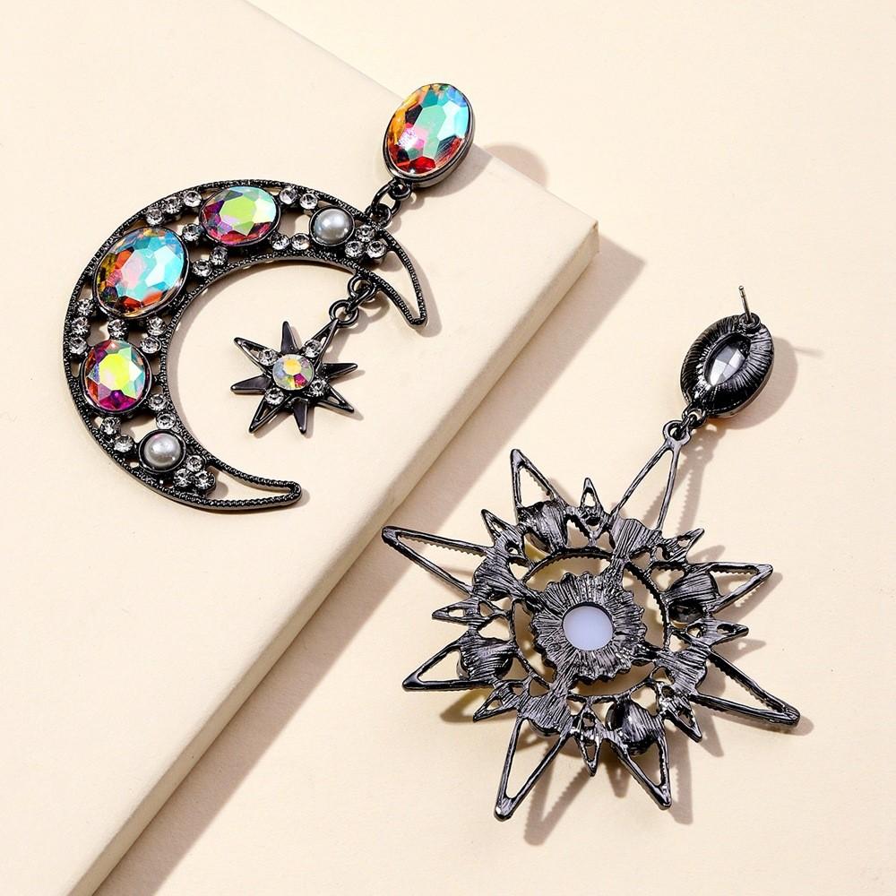Fashion Crystal Water Drop Earrings With Moon Star Asymmetric Design For Women