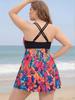 Plus Size Two-Piece Skirt Swimwear: Printed, Tummy Concealing, Slimming Boyshorts, Conservative Style, Ideal for Vacation or Hot Spring.