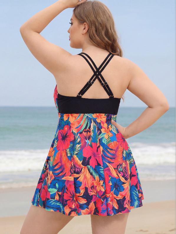 Plus Size Two-Piece Skirt Swimwear: Printed, Tummy Concealing, Slimming Boyshorts, Conservative Style, Ideal for Vacation or Hot Spring.