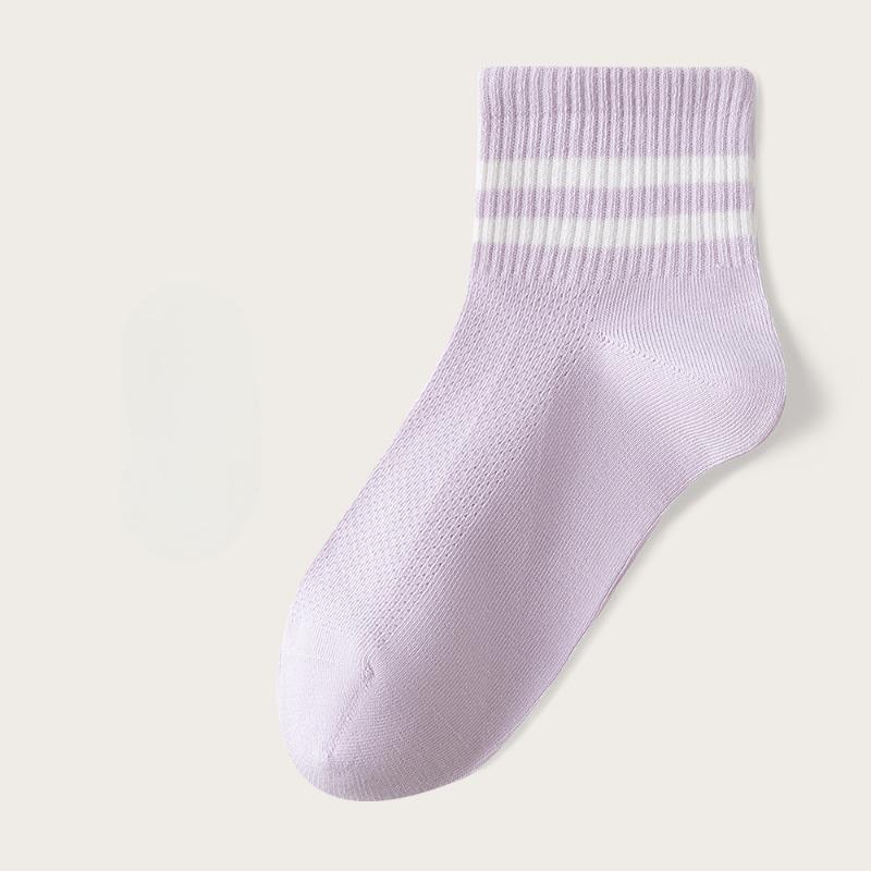 Pure Cotton Women's Spring and Summer Mid-calf Socks, White Striped Mesh Breathable Antibacterial Socks, Boneless Socks, All-cotton Socks