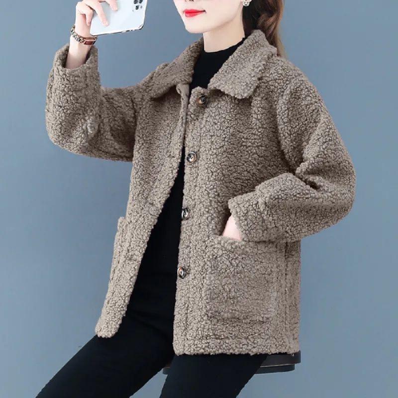 Lambskin Ladies Granular Fleece Cardigan Coat - Autumn/Winter Short Style for Middle-Aged Women