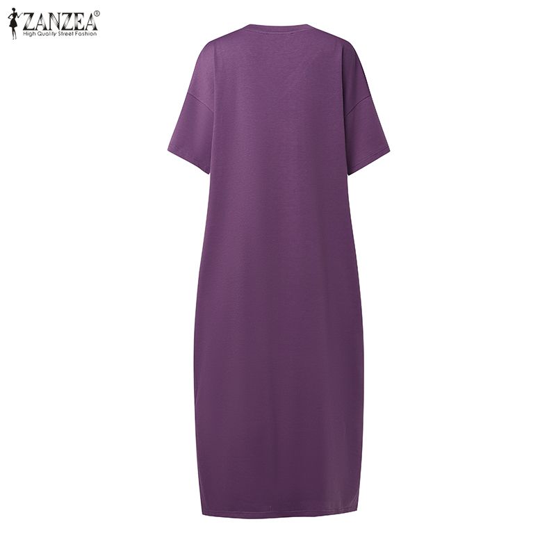 ZANZEA Women Casual V-Neck Loose Half Sleeve Long Dress