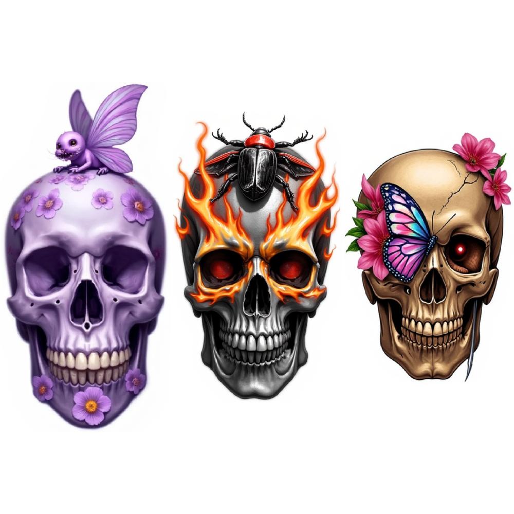 3pcs Temporary Tattoo Realistic Temporary Tattoos Skull With Flowers Skull With Butterfly Skull With Worm For Adults Women