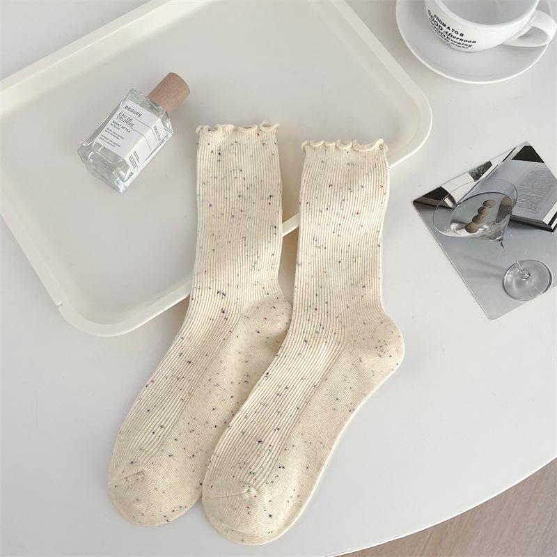 Frühlings- und Herbstsocken mit gepunktetem Garn in Cremefarbe und Aprikotfarbe, Baumwollsocken bis zur Wade für Damen, Trendige Frotteesocken