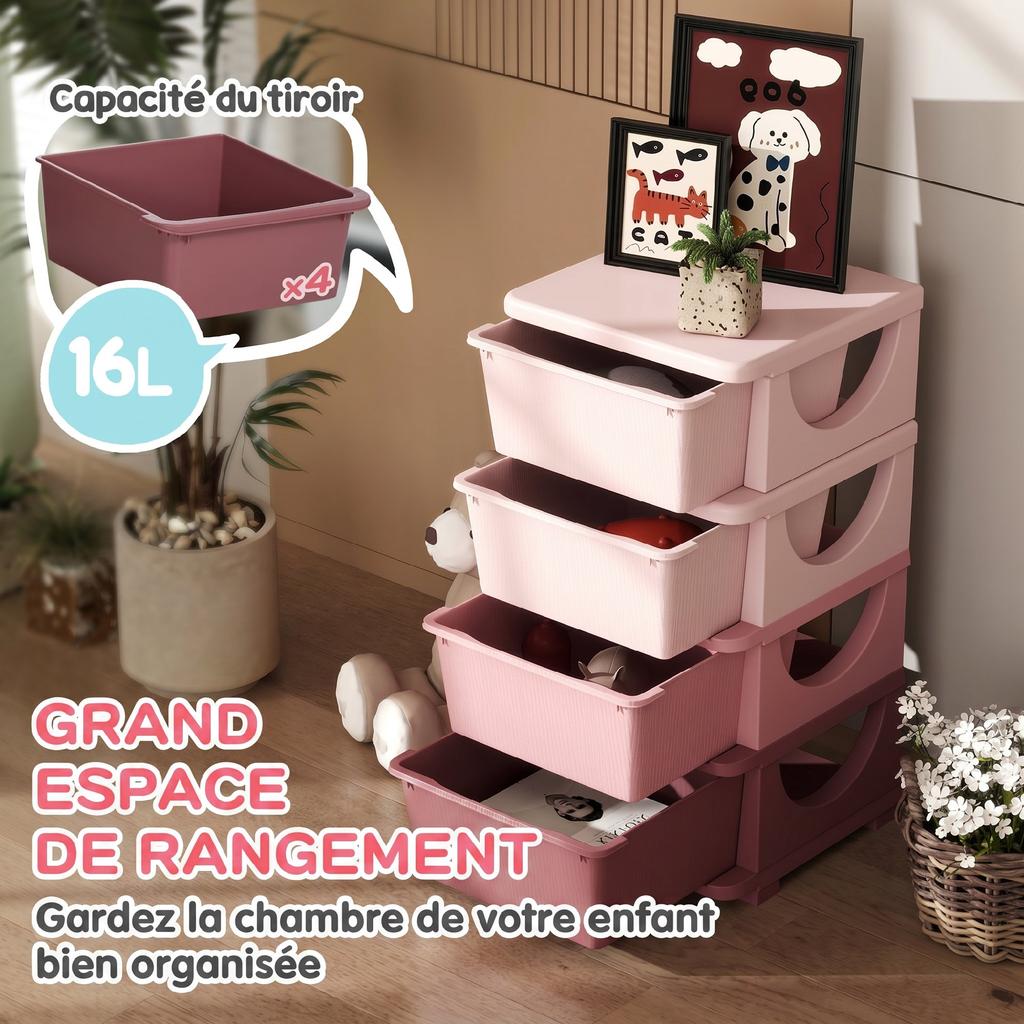Children's Toy Organizer, 4 Drawers, 4 Tiers, Plastic Boxes, 37 x 37 x 76 cm, Pink