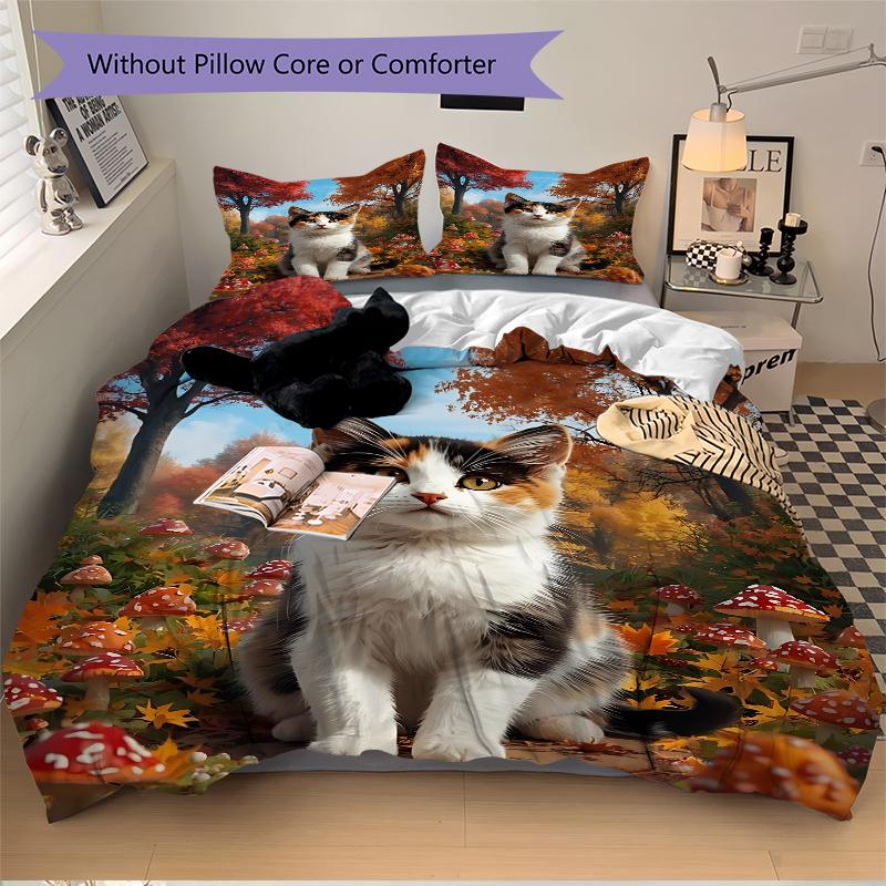 3Pcs Autumnal Cat Forest Bedding Set Soft Fabric Duvet Cover Pillowcases Home Christmas Xmas Halloween Gift 1 Duvet Cover 2 Pillowcase G15