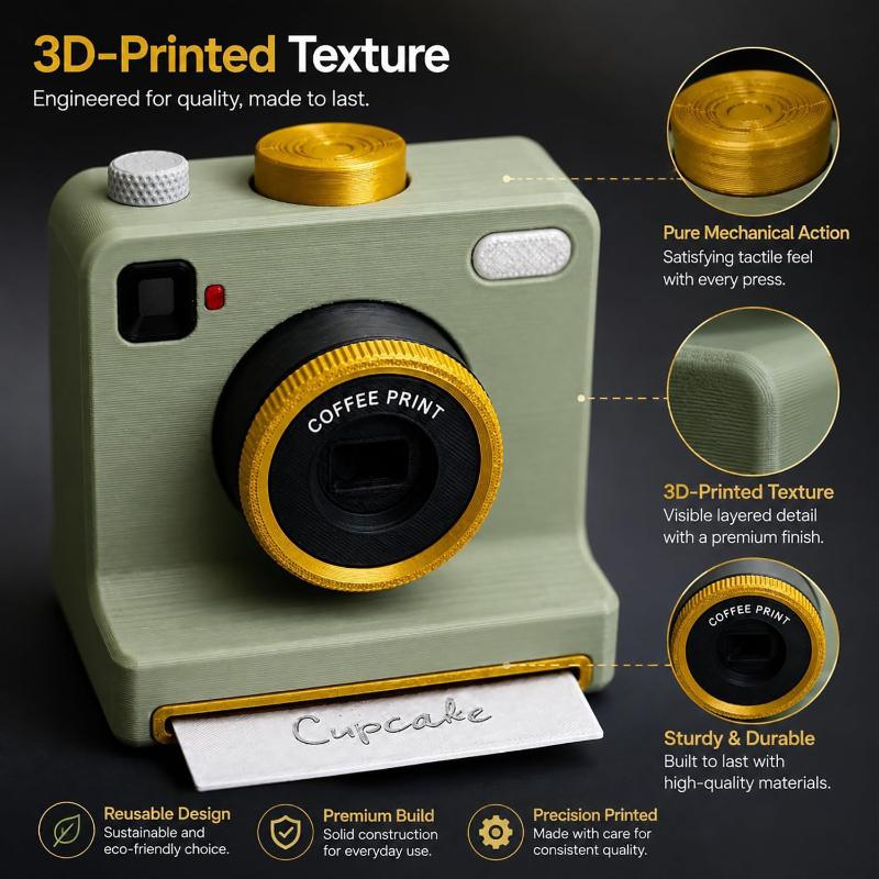 Zábavná 3D tištěná Latte kamera Vyměnitelné karty Stisk jedním dotykem DIY nástroj pro latte art Kamera Vintage vzhled Včetně šablon