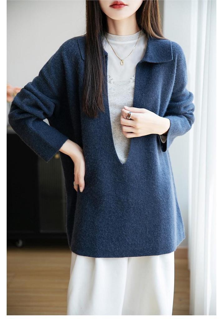 Women's POIO Collar Wool Sweater: Casual, Autumn/Winter, Long Sleeve, Loose, Slimming, Versatile Knit Pullover.