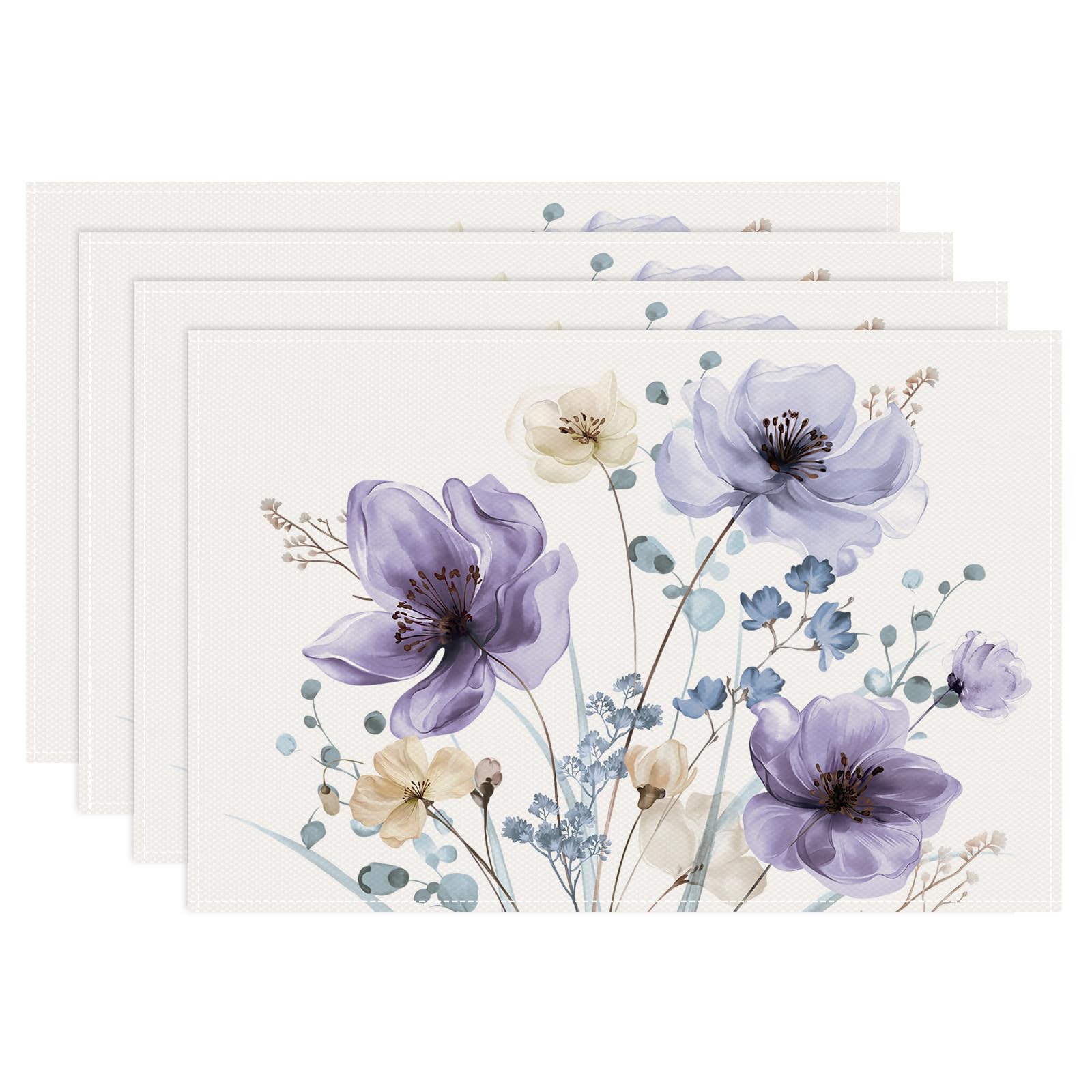

Watercolor Floral Placemats Set of 4, 12x18 Inch Blue Brown Flower Leaves Kitchen Dining Table Mats Washable Place Mats 4Pcs