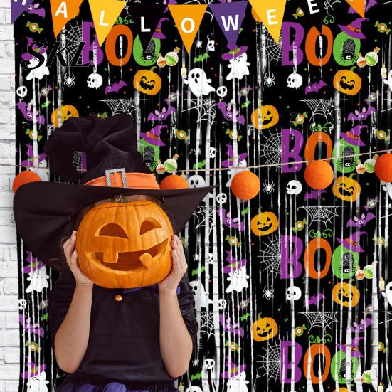 Halloween Room Decoration Foil Fringe Curtain for Halloween, Orange Purple Black Background Event Photo Booth Props, Pumpkin Ghost Bat Party
