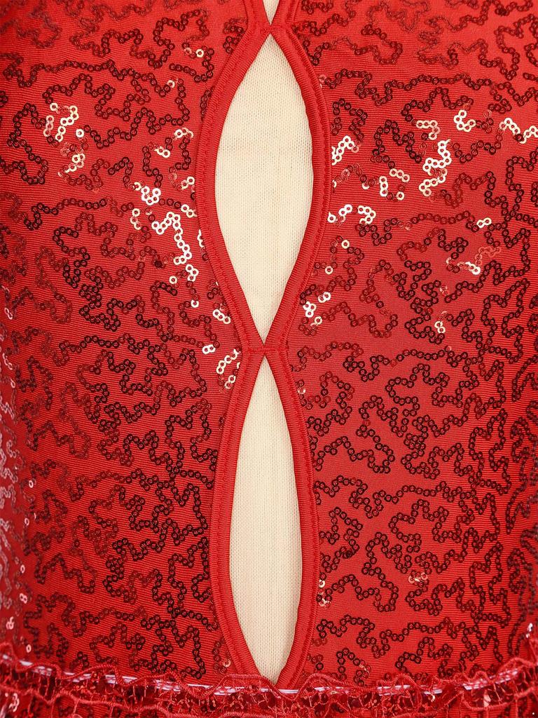 Womens Glitter Sequins Leotard Tassel Design Keyhole Back Sleeveless Backless Fringed Bodysuit Dance Costume