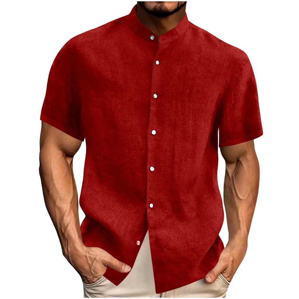 Top Casual Uomo alla Moda Colore Girocollo Manica Corta Bottoni Ampio Cotone e Lino