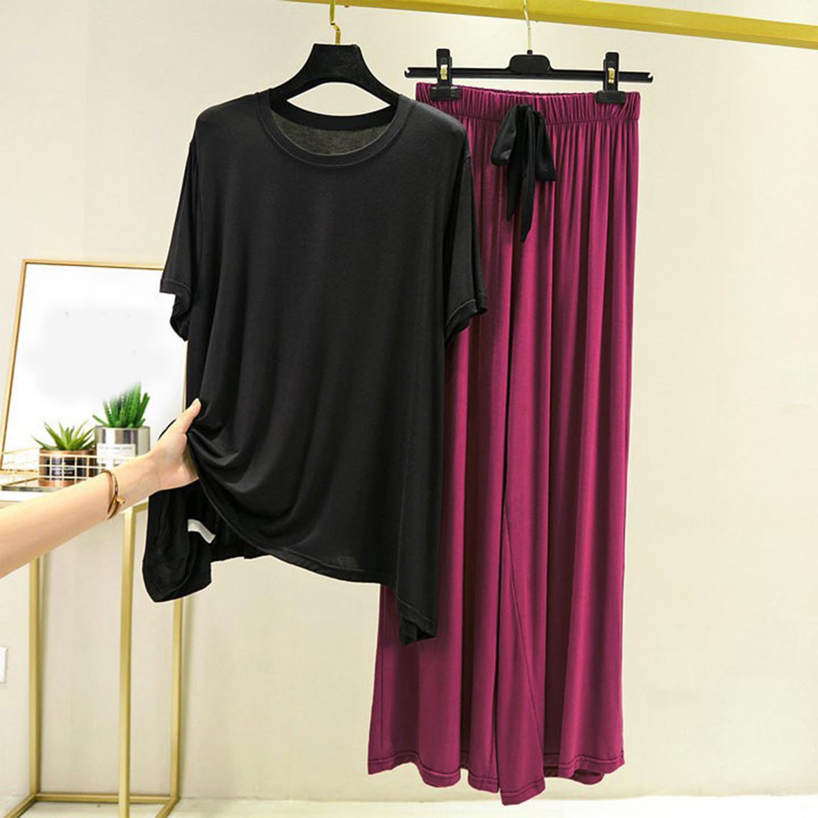 

Women s Loose Casual Round Neck Short Sleeved T-shirt Long pants Set Solid Color Pajamas XL чорний