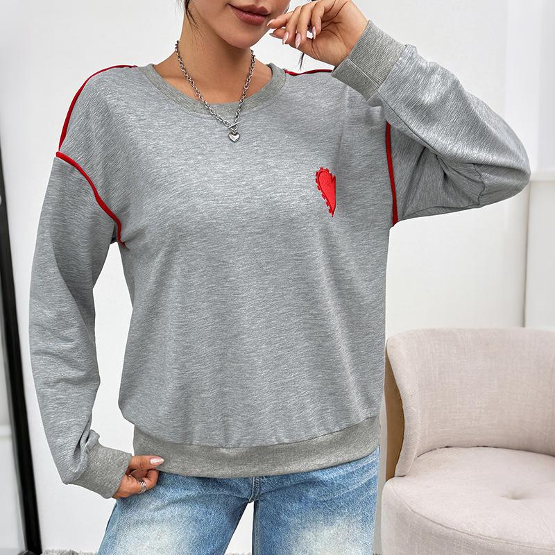 Autumn Winter New Korean Style Women Heart-shaped Embroidered Dropped Shoulder Sleeves Long-sleeved Round Neck Loose Sweatshirt