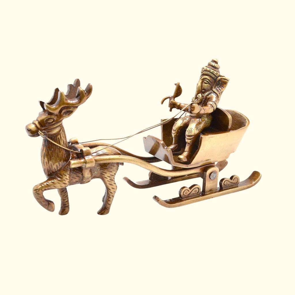 Pure Brass Santa As Ganesha Showpiece, Idol, Ganesh Sleigh Riding Reindeer