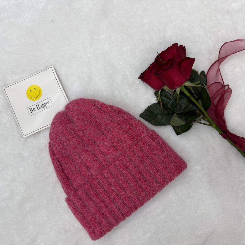 New rabbit fur knitted hat women's solid color twist wool hat winter outdoor warm single-layer ear protection pullover hat