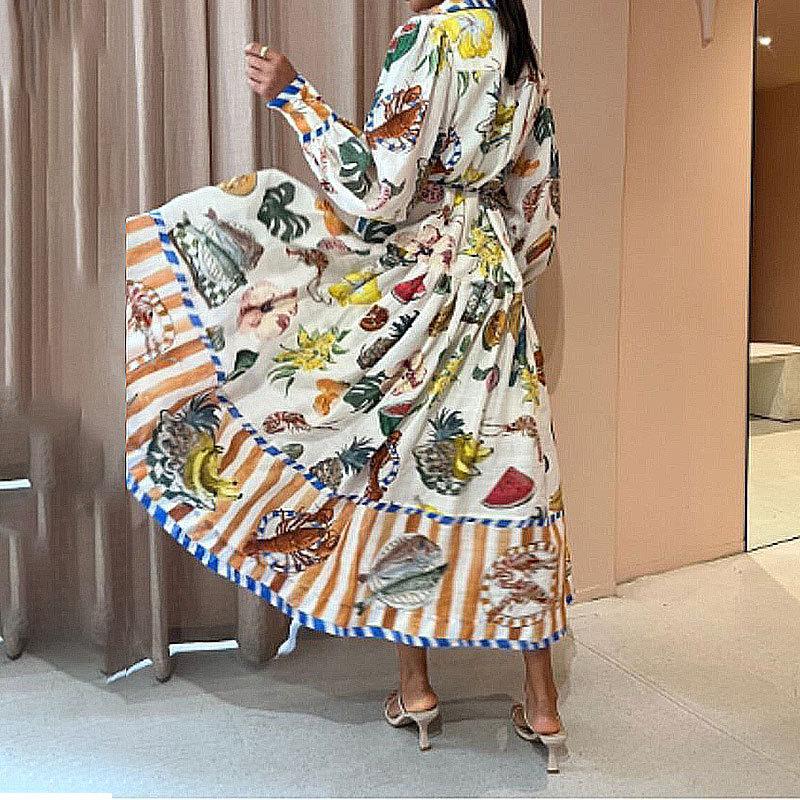 Women's new skirt, fashion printed lantern sleeve lapel waist long-sleeved dress women