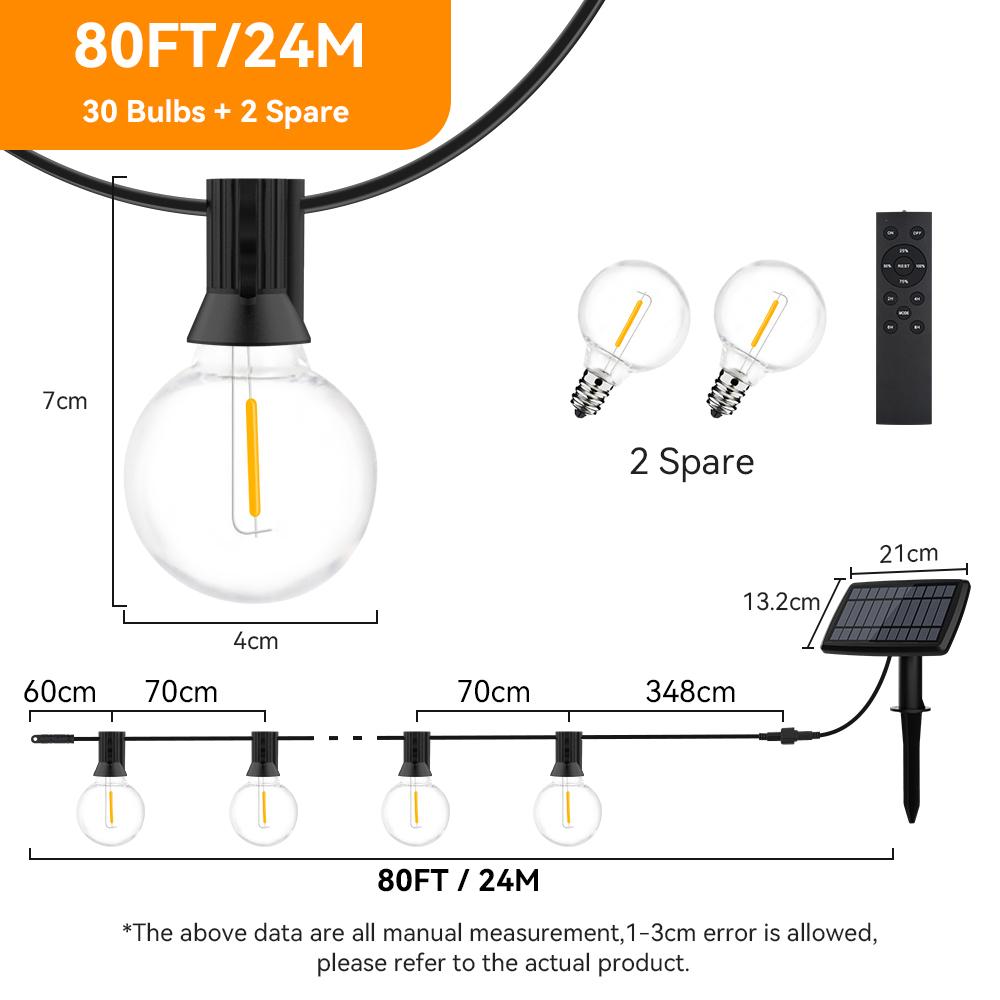 Solar G40 String Light Outdoor Solar Fairy Lights Waterproof Patio Lights With 4400mAh Solar Battery 20M 42 Bulbs 2200K