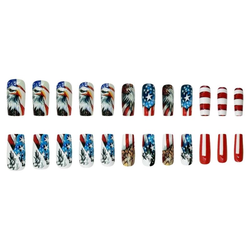 Striped Press on Nail Cartoon Nail Tips 24pcs Acrylic False Nail For Independence Day Parties And Festive Event