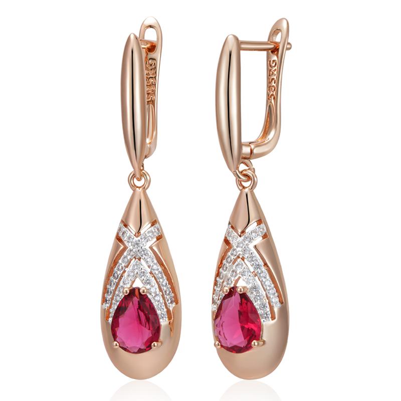 Unique Ethnic Bride Red Natural Zircon Drop Earrings For Women Fashion Rose Gold Color Mix Daily Jewelry Gift