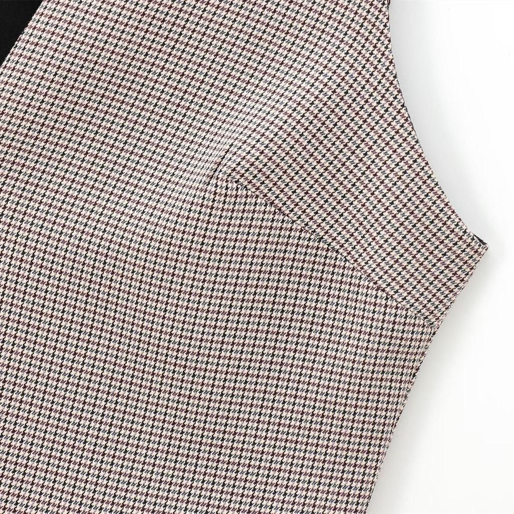 2025 Spring Women's V-Neck Belted Plaid Pleated Vest Dress