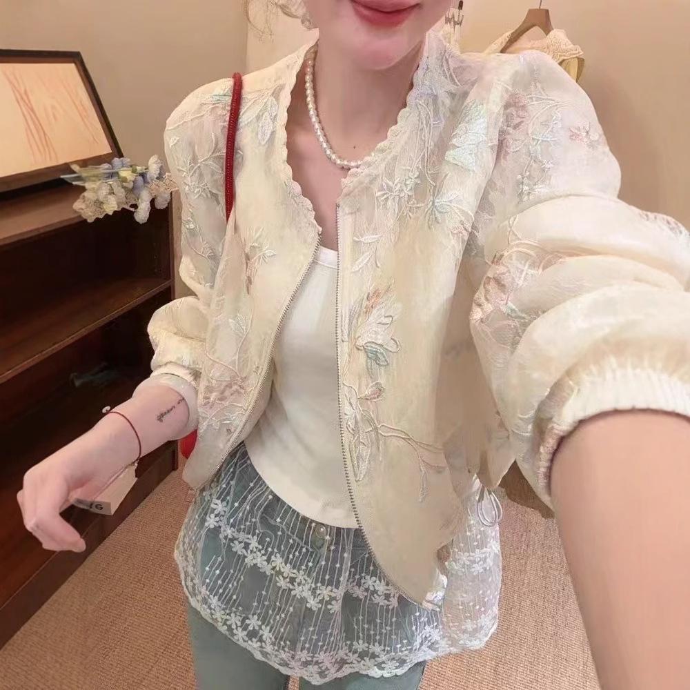 2025 Lato Damska Biała Żakardowa Kurtka Przeciwsłoneczna - Stylowy Cienki Krótki Top na Zamek