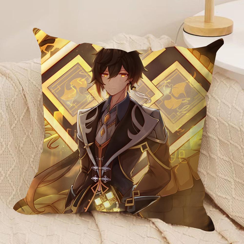 Zhongli Genshin Impact Cushion Cover Silky Short Plush Invisible Zipper Dustproof Sofa Pillow Case For Home Decor