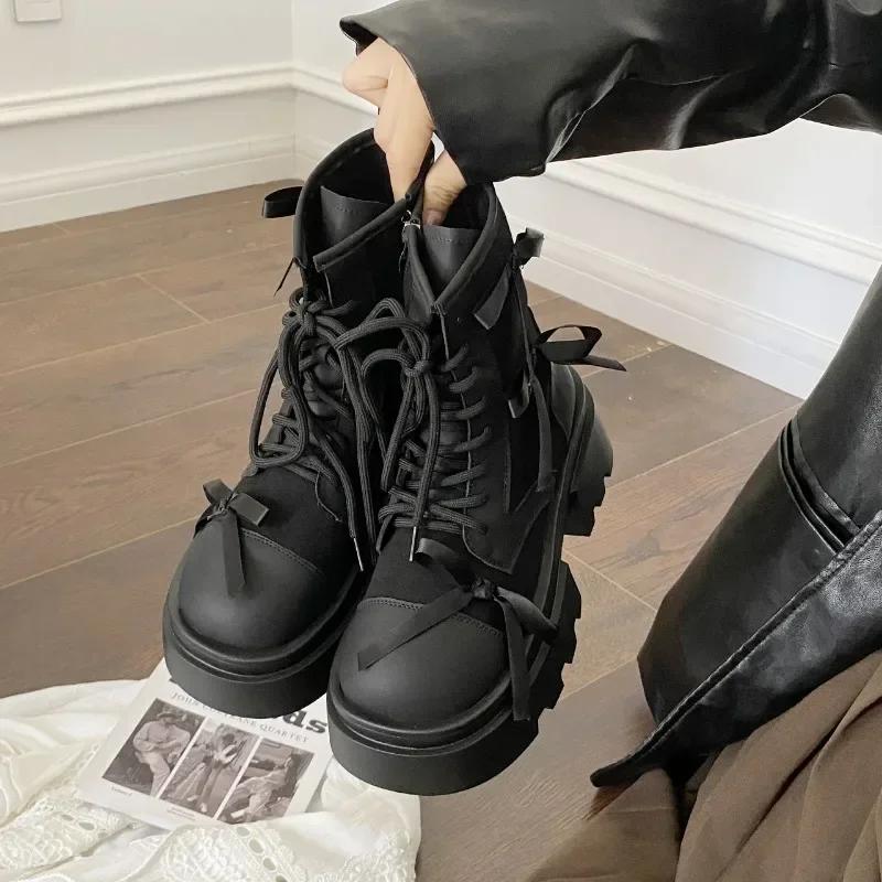 Fashion Women's Boots Thick Soles  Cowboy Boots British Style Retro Breathable Platform Lace-up Bow Zipper Motorcycle Boots Shoe
