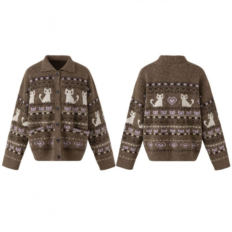 Unisex Retro Dzianinowy Kardigan Fair Isle z Kołnierzem Oversize Luźny Sweter z Mieszanki Wełny