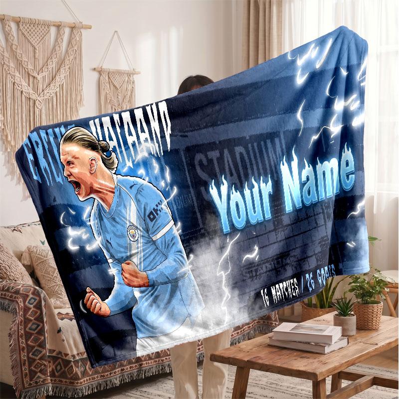 Erling Haaland Personalized Fleece Blanket With Football Logo, Custom Name Text Soft Warm Home Throw Blanket