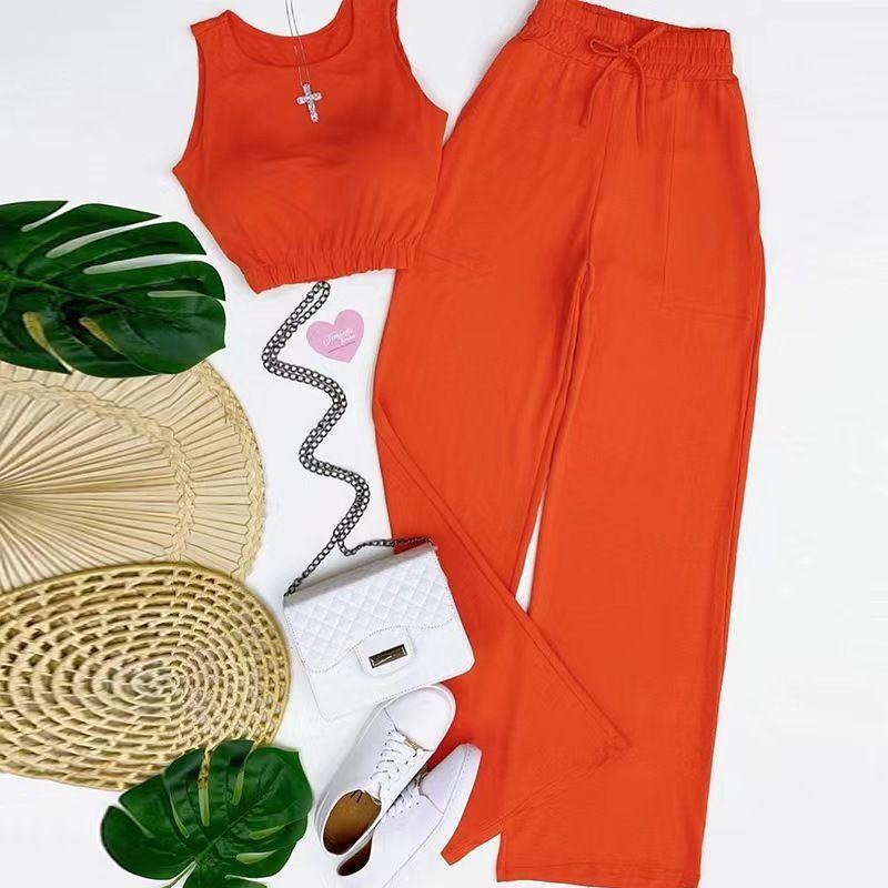 

Tank Top Straight Leg Pants Set Fashion Wind Vest High Waist Straight Pants Casual Suit Orange XXL