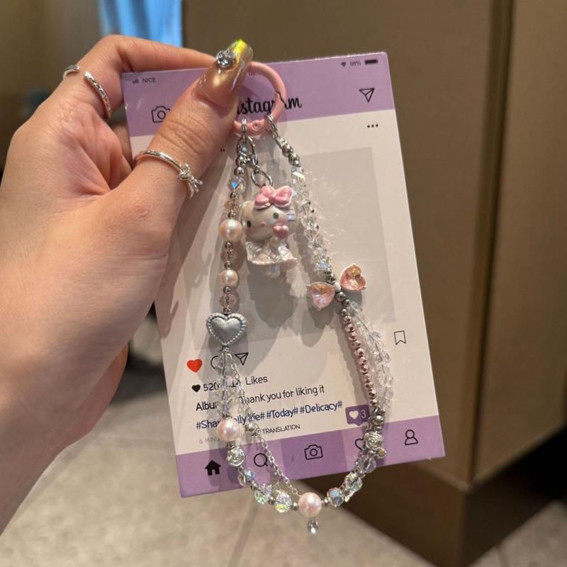 Animation Design Hello Kitty Key Rings Beaded Pendant Phone Charms Kawaii Kuromi Key Ring Adorable Hellokitty Keyring Present For Girls