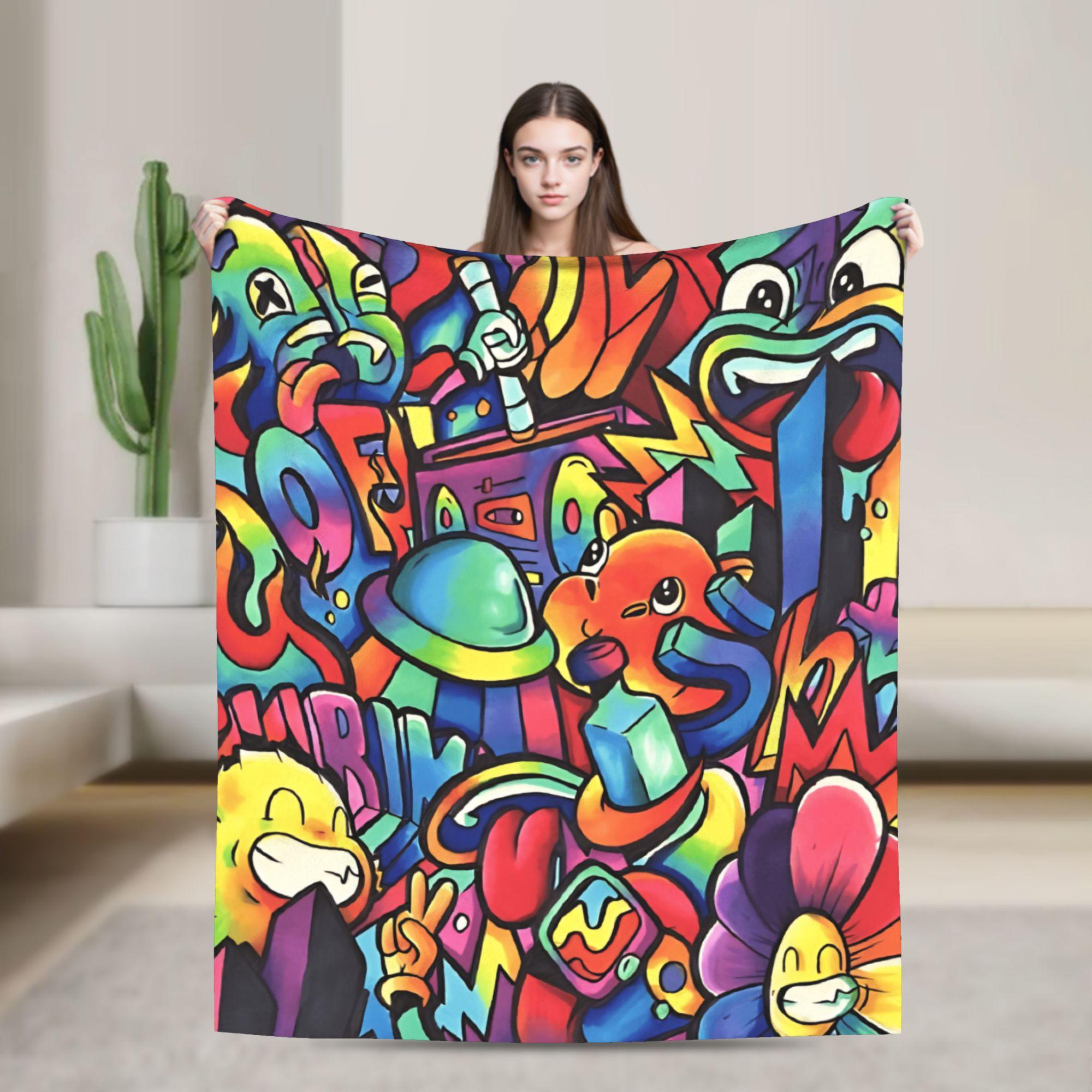 

Cartoon Cute Doodle Blankets Warm Soft Street Trend Plush Bedding Throws For Child Home Decor Flannel Bedspread Bed Cover 130x150cm