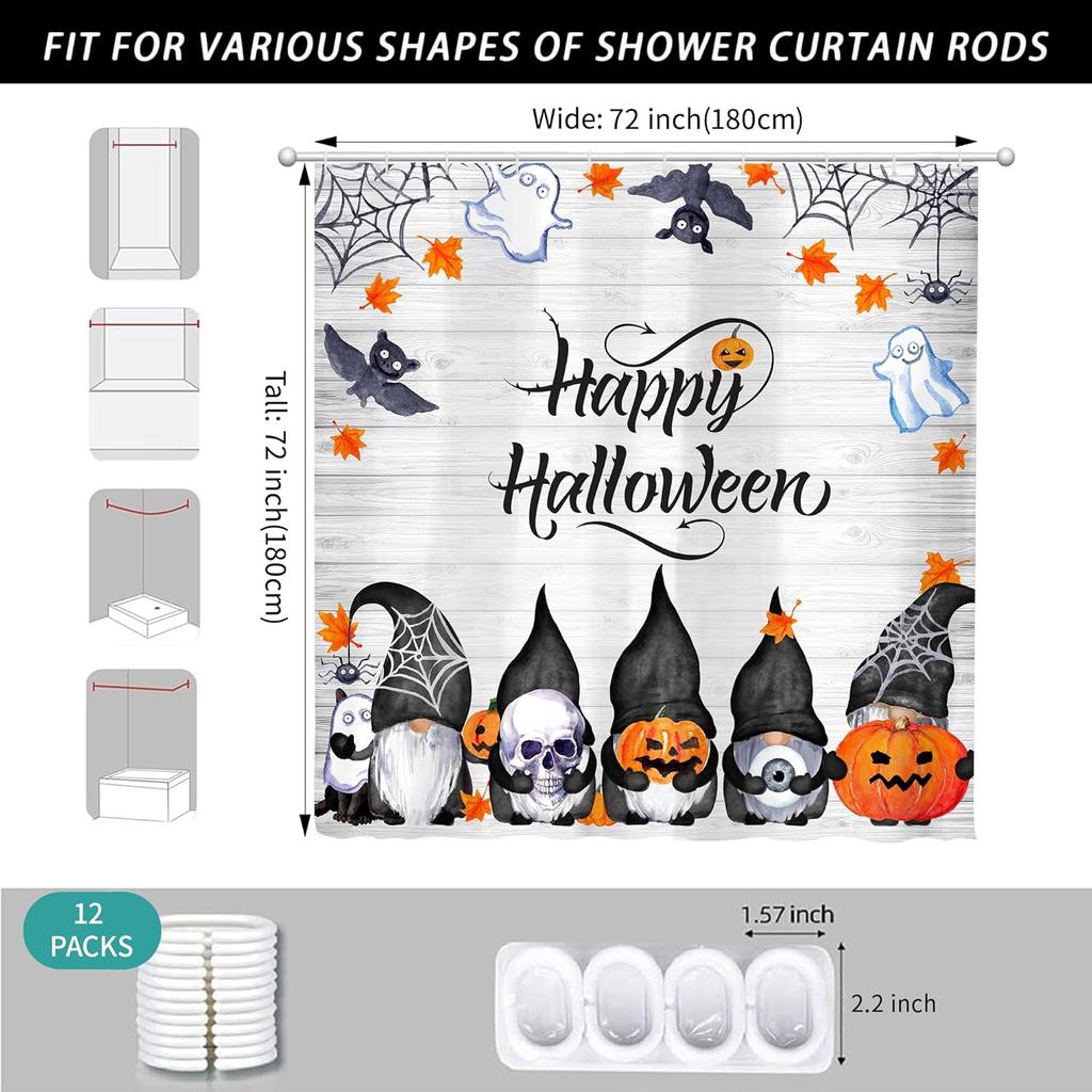 Halloween Shower Curtain Gnomes Pumpkins Ghosts Bats Spiders Happy Halloween Bathroom Decor Waterproof Fabric Festive Party