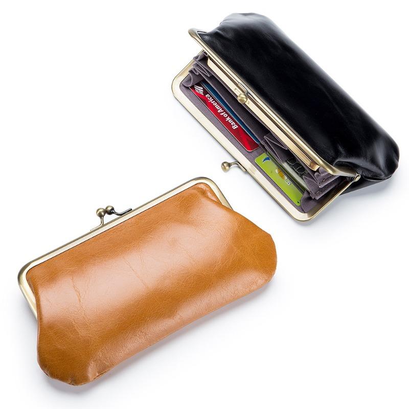 New European and American Retro Clip Bag, Simple Leather, Long Clutch Bag, Wallet, Clutch Mouth, Gold Storage Bag, Large Capacity