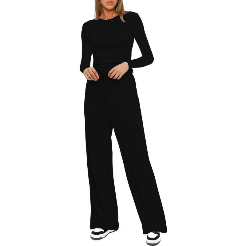 Autumn Women's Casual Pant Suit Pleated Decoration Solid Color Long Sleeve Top High Waisted Wide Leg Pants Sweatshirt