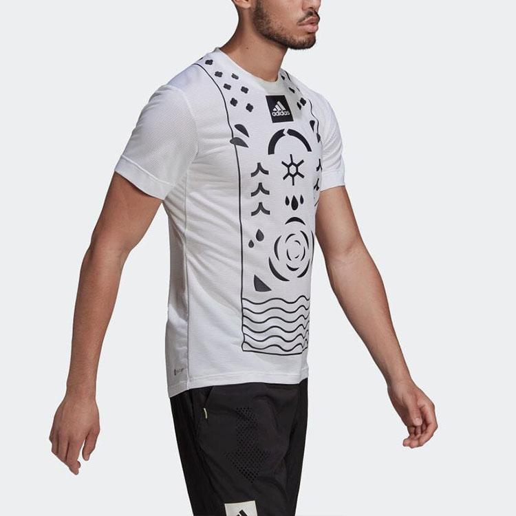 Adidas T-shirt męski z nadrukiem geometrycznym i logo, okrągłym dekoltem, biały HA2554