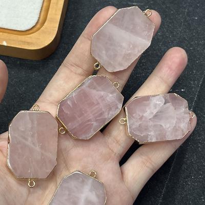 1Pc, Reiki Healing Crystal Connector with Golden Edge, Energy Natural Stone Rose Quartz Pendant Connector for Jewelry Making DIY Necklace Accessories