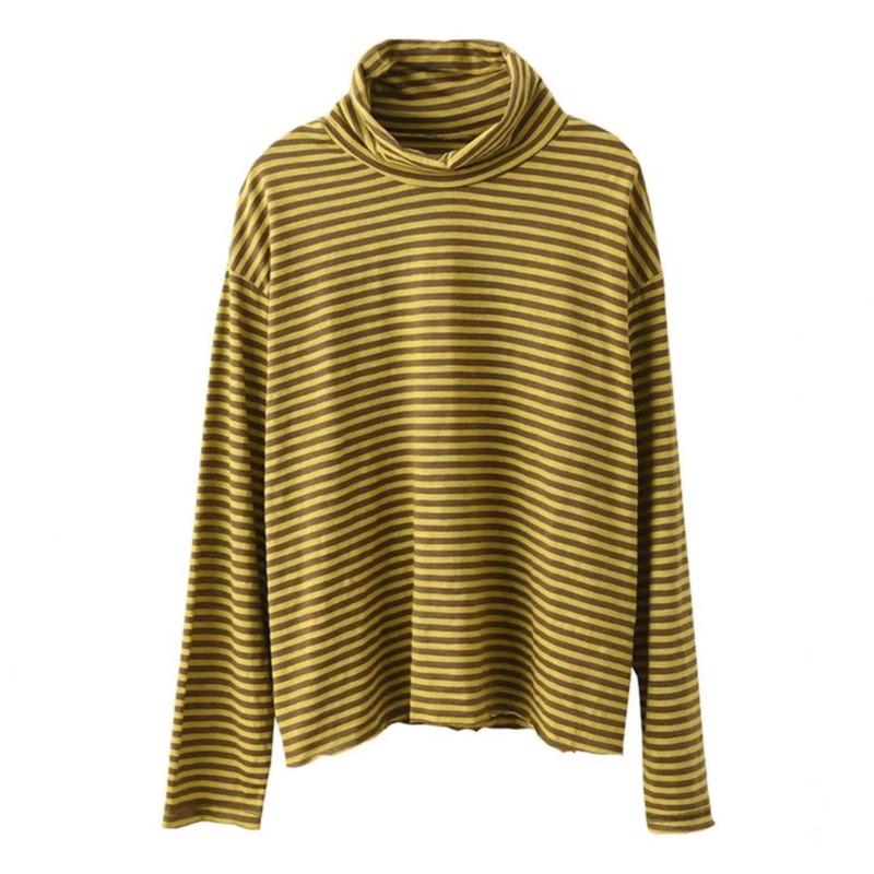 Johnature Mote Casual Vintage Stil Løs Stripe Rullekrave T-skjorte Dame Vinter Langermet Spleiset T-skjorte