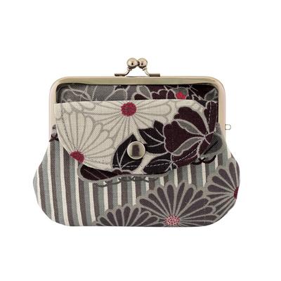 Portefeuille Noren Gamaguchi (Parent-Enfant Gamaguchi Retro Flower - Noir) Porte-monnaie Gamaguchi à double compartiment, compact et fin, avec poche, fabriqué au Japon.