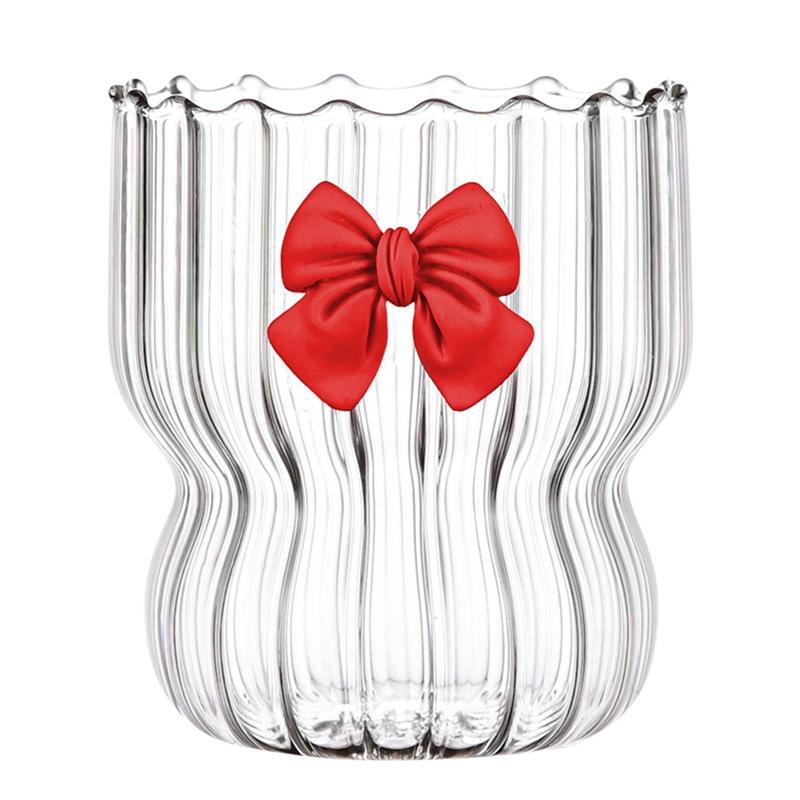 Vertical Striped Glass Cup with Bow Decor Cute Coffee Cocktail Juice Water Tea Glassware