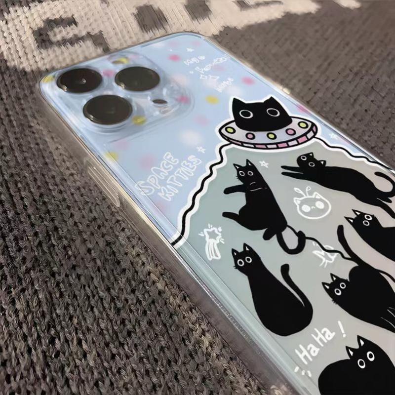 Space Black Cat UFO Abduction Pattern Phone Case for iPhone 17 16 15 14 13 12 11 16E Series Pro Max Plus Double Layer Protection