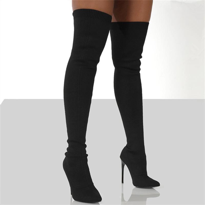 Over-knee large-size boots pointed-toed thin-heeled boots autumn and winter high-heeled elastic boots socks boots long tube fly-woven women's boots