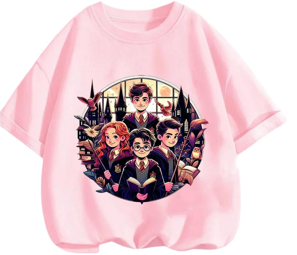 Trendy Cartoon Harry Potter Pattern Tee Summer Casual Crew Neck Children Daily Wearing Apparel