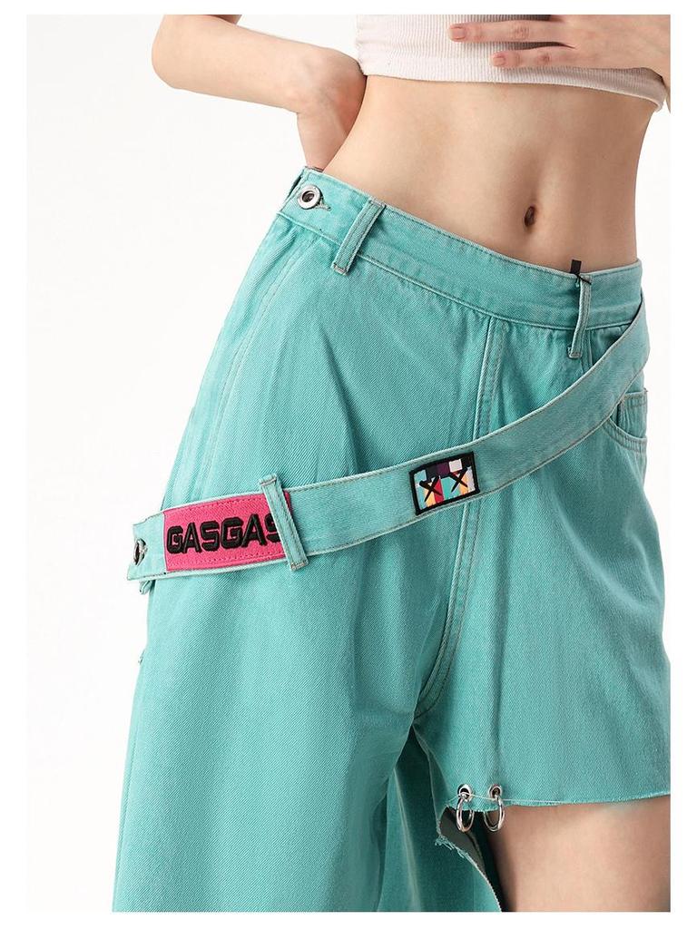 Damen Sommer Retro Mintgrüne Weitbeinige Zerrissene Jeans