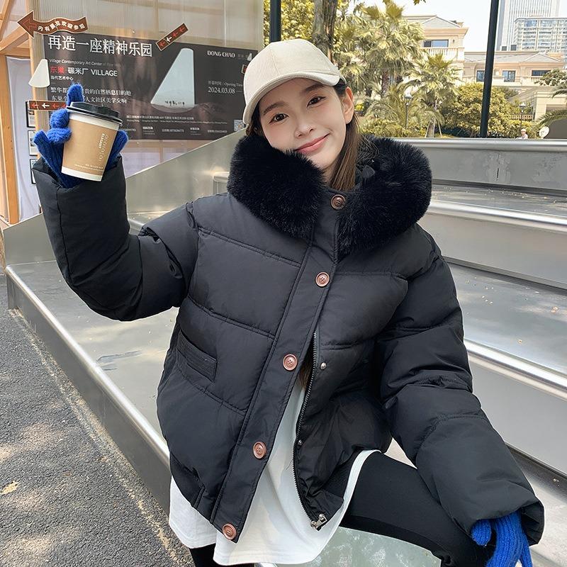 Wind Down Cotton Clothes Women's Short Models, New Fashionable High-end Cotton-padded Clothes Women's Large Fur Collar Thickened Loose Coat
