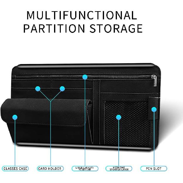 Car Sun Visor Organizer Glasses Case Storage Bag Note Holder Car Suede Zipper Card Hold Car Organizers And Storage (Black)