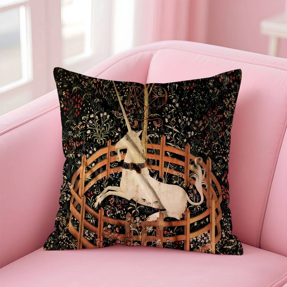 Vintage Medieval Unicorn Art Pillow Case Anti-dustmite Pillowcase Invisible zipper silky short plush Sofa cushion cover